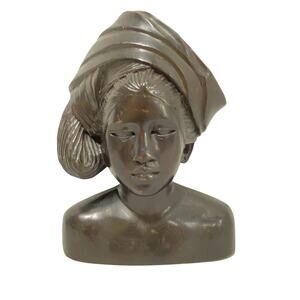 Vintage Balinese Bust Figure Hand Carved Hard Wood Wooden Ornate Detail Display